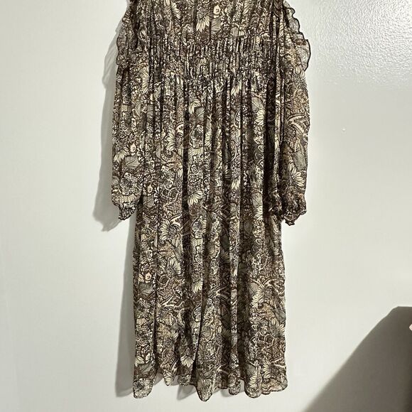 Zara Basic Collection Sz M Cold Shoulder Brown Sheer Midi Dress Floral Paisley - Picture 3 of 12